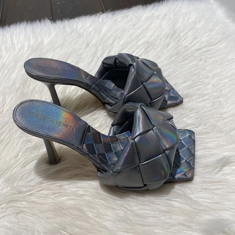 New Bottega Veneta Lido woven high‎ heel slide sandal size 37EU